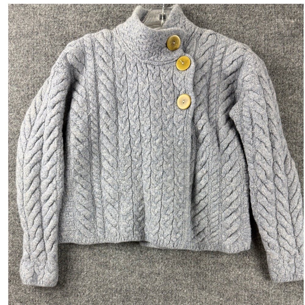 Aran Woollen Mills Louisburgh Cable Aran Cardigan Blue Sweater Ireland Sz Medium
